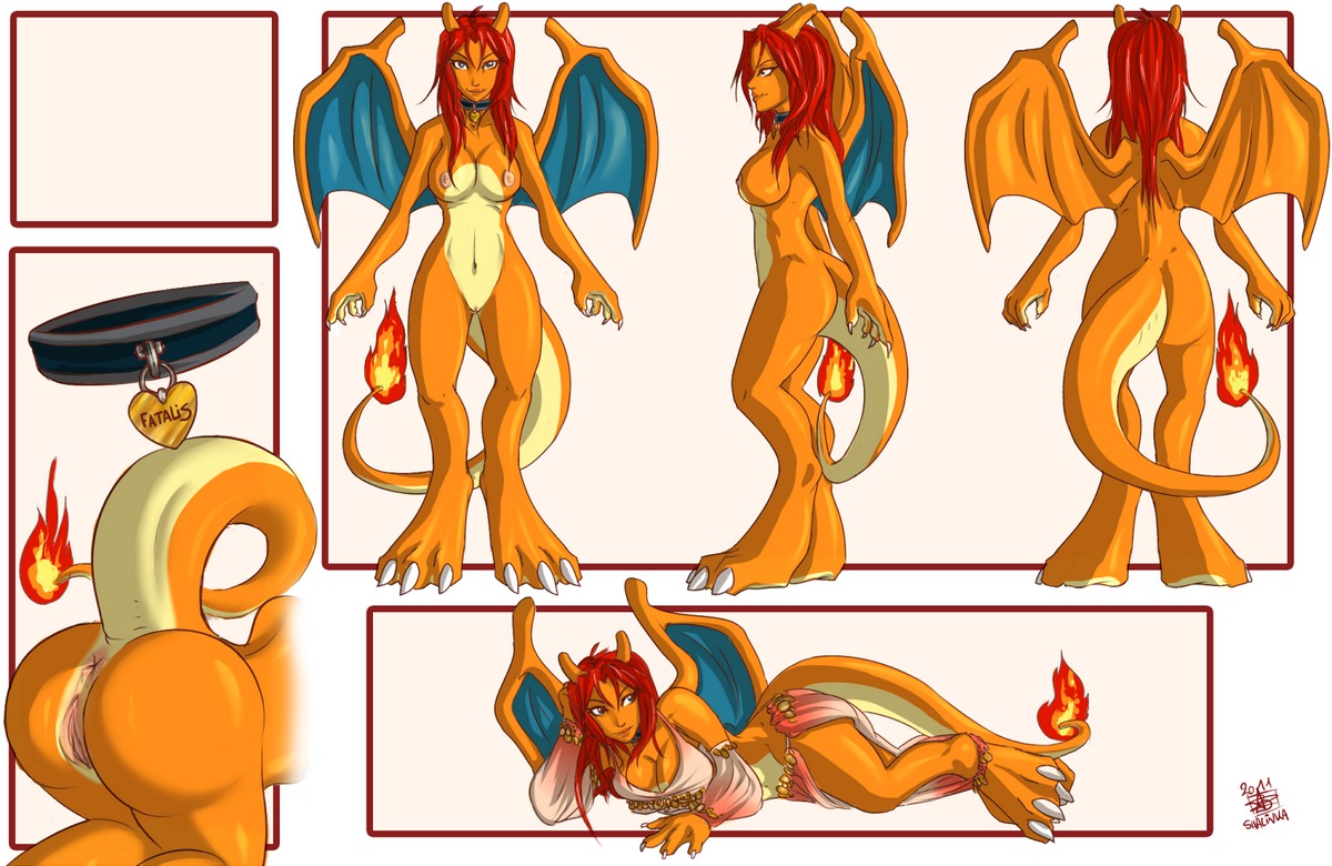 2011 alternate_species animal_humanoid anus blue_eyes breasts butt charizard cleavage clothed clothing collar e621 fan_character fatalis_(character) female fire flaming_tail generation_1_pokemon genitals hair horn humanoid humanoidized lying membrane_(anatomy) membranous_wings model_sheet navel nintendo nipples nude on_side orange_body orange_skin pokemon pokemon_(species) pokemorph raised_tail red_hair scalie settiesama shalinka side_view skimpy solo tail turnaround vulva wings