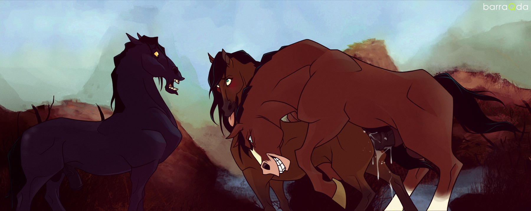 ambiguous_gender animal_genitalia balls barraqda being_watched blush bodily_fluids cuckold cum cum_inside cum_string e621 equid equine erection feral feral_on_feral from_behind_position genital_fluids genitals group half-erect hi_res hooves horse looking_at_another male mammal mount nude outside penis penis_tip rape_face sex sheath shocked smile teeth tongue tongue_out vaginal_fluids vein