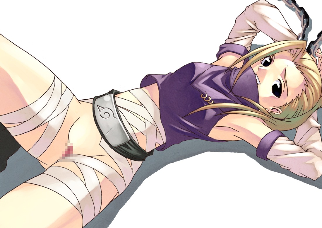 armpits arms_behind_head arms_up bandage bandages black_eyes blonde_hair bottomless censored chains female female_only forehead_protector from_above human ino_yamanaka ino_yamanaka_(genin) long_hair lying naruto naruto_(classic) naruto_(series) no_panties on_back pussy rule34 sexy_armpits solo tasaka_shinnosuke young