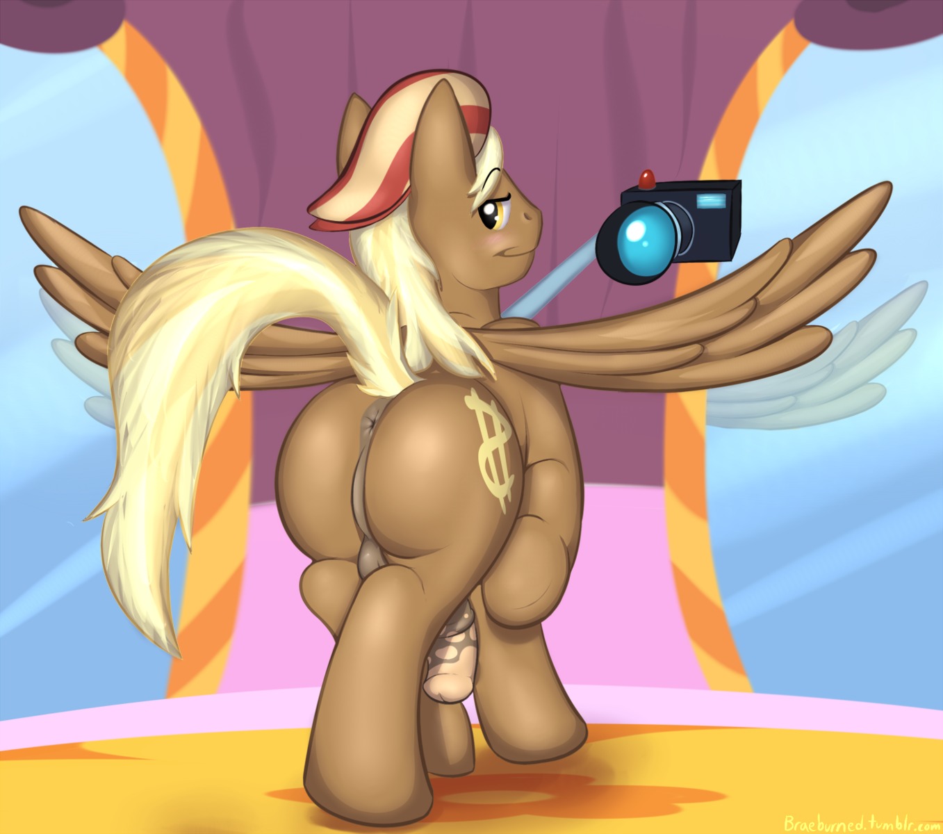 2011 animal_genitalia animal_penis anus backsack balls big_anus blonde_hair blush braeburned butt camera clothing currency_symbol cutie_mark digital_drawing_(artwork) digital_media_(artwork) dollar_sign e621 equid equine equine_genitalia equine_penis fan_character feathered_wings feathers feral genitals hair half-erect hasbro hat hat_only headgear headgear_only headwear headwear_only hi_res looking_at_viewer looking_back male mammal mirror money_shot_(mlp) mostly_nude my_little_pony mythological_creature mythological_equine mythology pegasus penis pose presenting presenting_hindquarters raised_tail shaded simple_background smile solo standing symbol tail wing_boner wings yellow_eyes