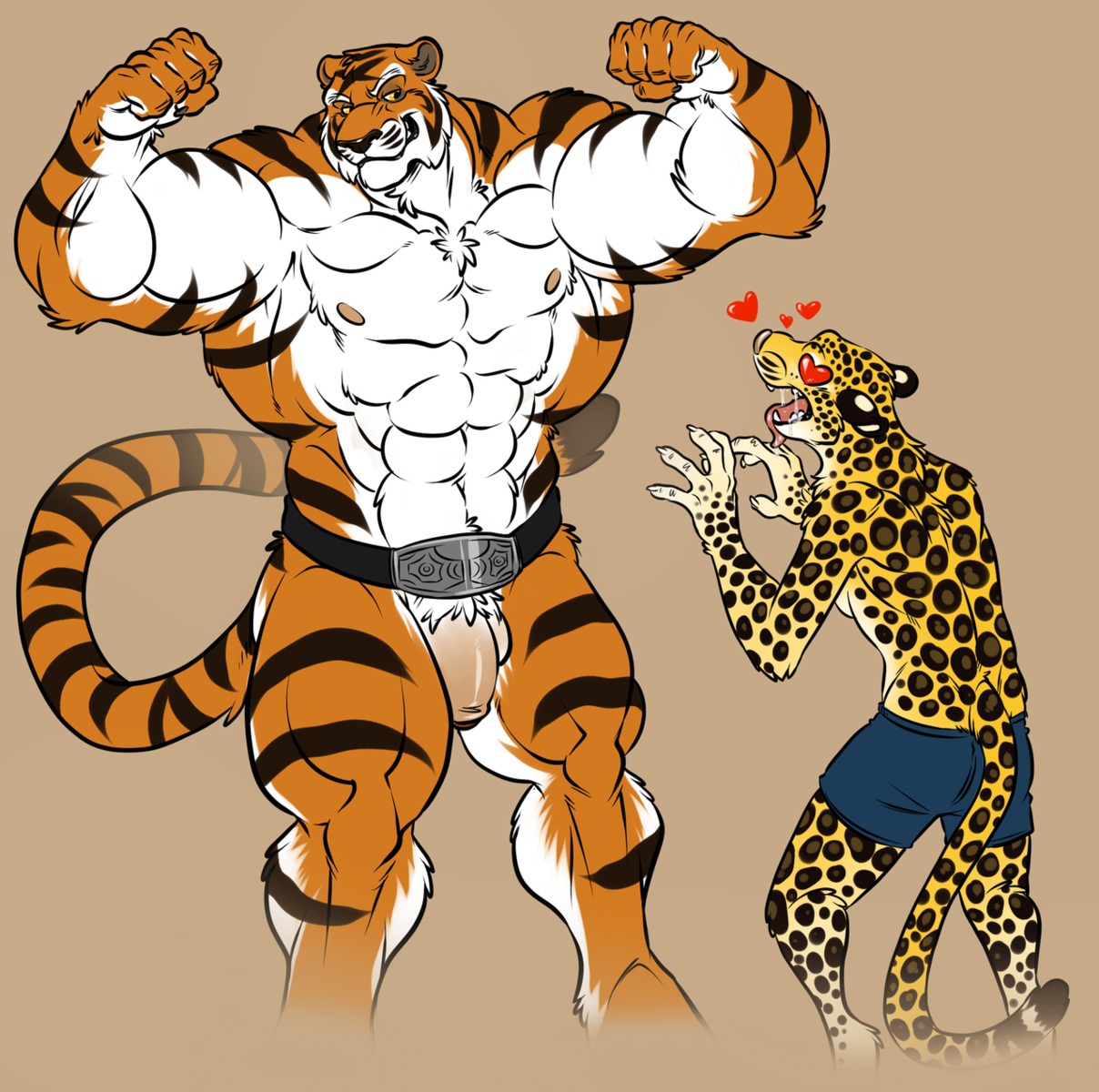 abs anthro athletic balls biceps big_muscles big_penis bottomwear boxers_(clothing) clothed clothing duo e621 felid flaccid flexing foreskin fur genitals heart_symbol hi_res humanoid_genitalia humanoid_penis larger_male leopard male male/male mammal mike_the_tiger muscular muscular_male neodokuro nipples nude orange_body orange_fur pantherine pecs penis pose presenting shorts size_difference smaller_male standing tail thick_penis tiger topless underwear white_body white_fur