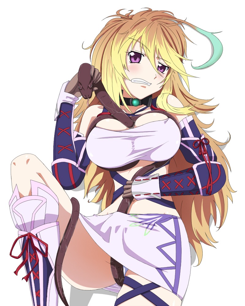 aqua_hair bare_shoulders blonde_hair elbow_gloves female gloves gradient_hair long_hair midriff milla_maxwell miniskirt multicolored_hair navel nidoro open_mouth pose purple_eyes rule34 scabbard sheath simple_background skirt tales_of_(series) tales_of_xillia thigh_strap tubetop