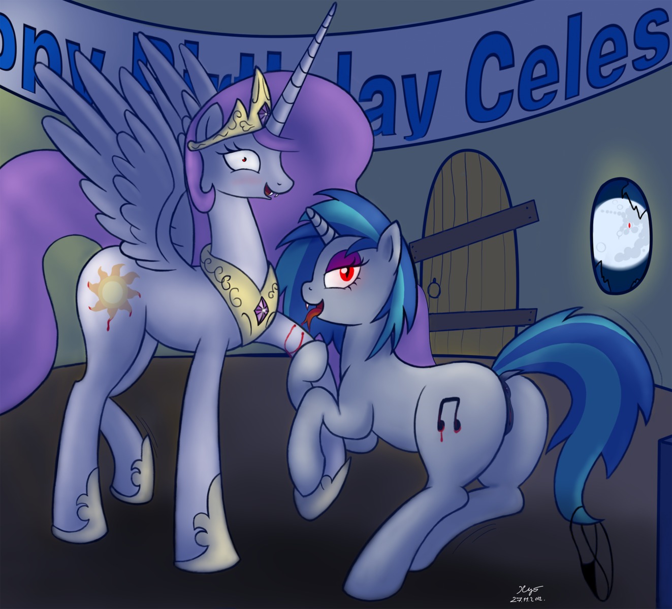 2012 anus banner blood blush bodily_fluids crown cutie_mark duo e621 equid equine fan_character fangs feathered_wings feathers female feral friendship_is_magic genitals half-closed_eyes hasbro headgear hi_res horn inside looking_at_viewer mammal moon my_little_pony mythological_creature mythological_equine mythology narrowed_eyes night princess_celestia_(mlp) princess_molestia pupils quadruped red_eyes signature slit_pupils tail teeth unicorn vampire vinyl_scratch_(mlp) vulva winged_unicorn wings xyi