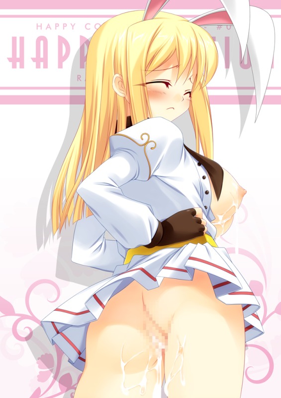 ass blonde_hair blush breasts bunny_ear censored closed_eyes clothing cum cum_inside cum_on_body cum_on_breasts cum_on_upper_body female fingerless_gloves game_master gloves hands_on_hips kinoshita_ichi large_breasts mosaic_censoring no_panties open_clothes open_shirt pussy ragnarok_online rule34 shirt