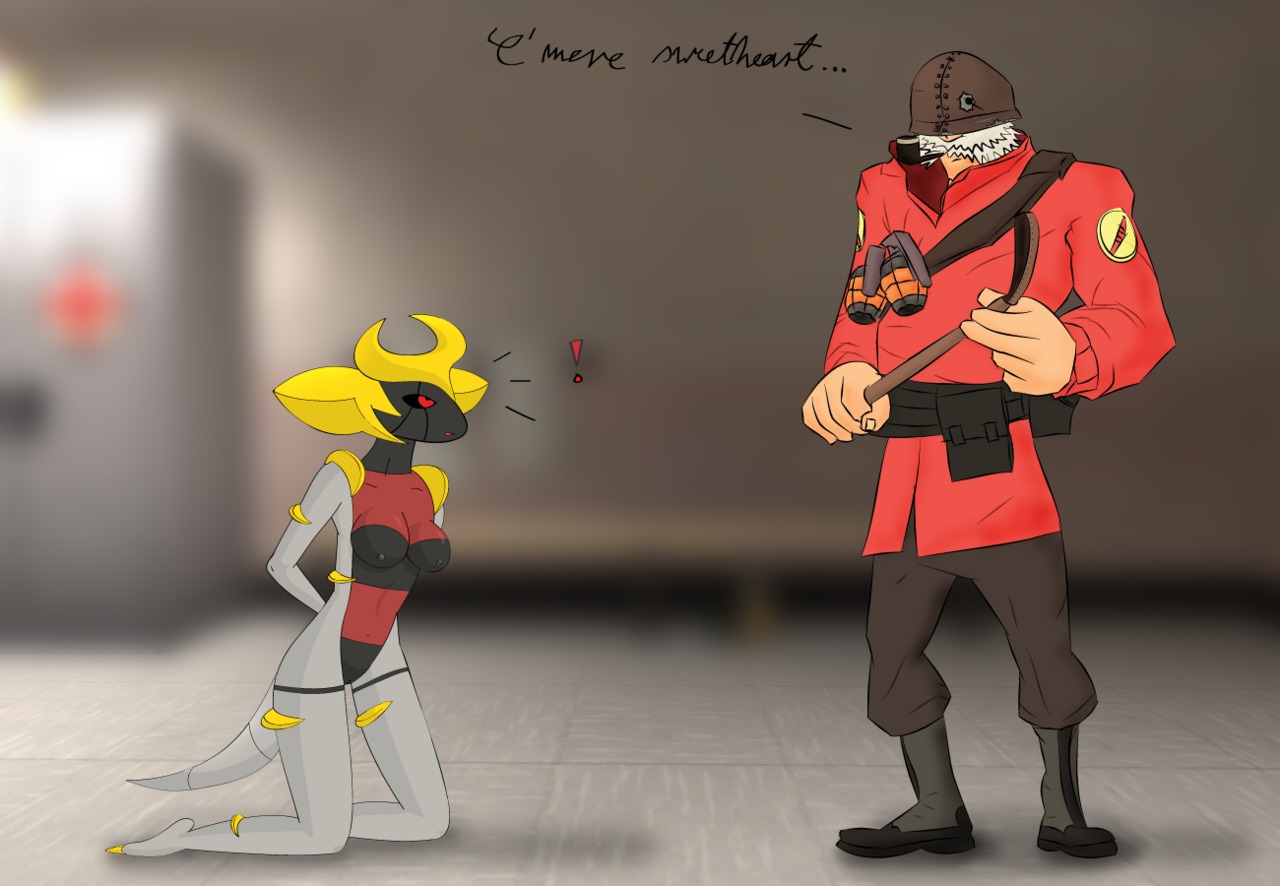 5_fingers altered_forme_giratina anthro belt_pouch breasts clothing coat crossover duo e621 emanata female fingers front_view generation_4_pokemon genitals giratina giratina34 kneeling legendary_pokemon light_body light_skin male military nintendo pokemon pokemon_(species) pokemorph red_clothing red_coat red_topwear soldier soldier_(team_fortress_2) source_request standing tail tan_body tan_skin team_fortress_2 three-quarter_view topwear valve valve_corporation vulva warrior