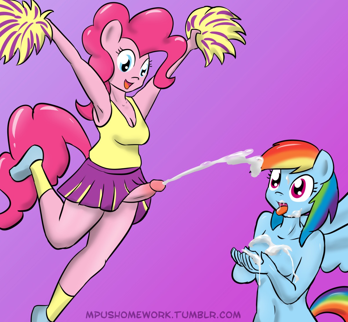 2014 anthro anthrofied blue_body blue_eyes blue_feathers blue_fur bodily_fluids breasts cheerleader clothing cum cum_on_breasts cum_on_face cumshot duo e621 earth_pony ejaculation empyu equid equine erection feathered_wings feathers female friendship_is_magic fur genital_fluids genitals gynomorph hair hands-free hasbro horse humanoid_genitalia humanoid_penis intersex mammal multicolored_hair my_little_pony mythological_creature mythological_equine mythology navel nude orgasm pegasus penis pink_body pink_fur pink_hair pinkie_pie_(mlp) pony purple_eyes rainbow_dash_(mlp) rainbow_hair wings