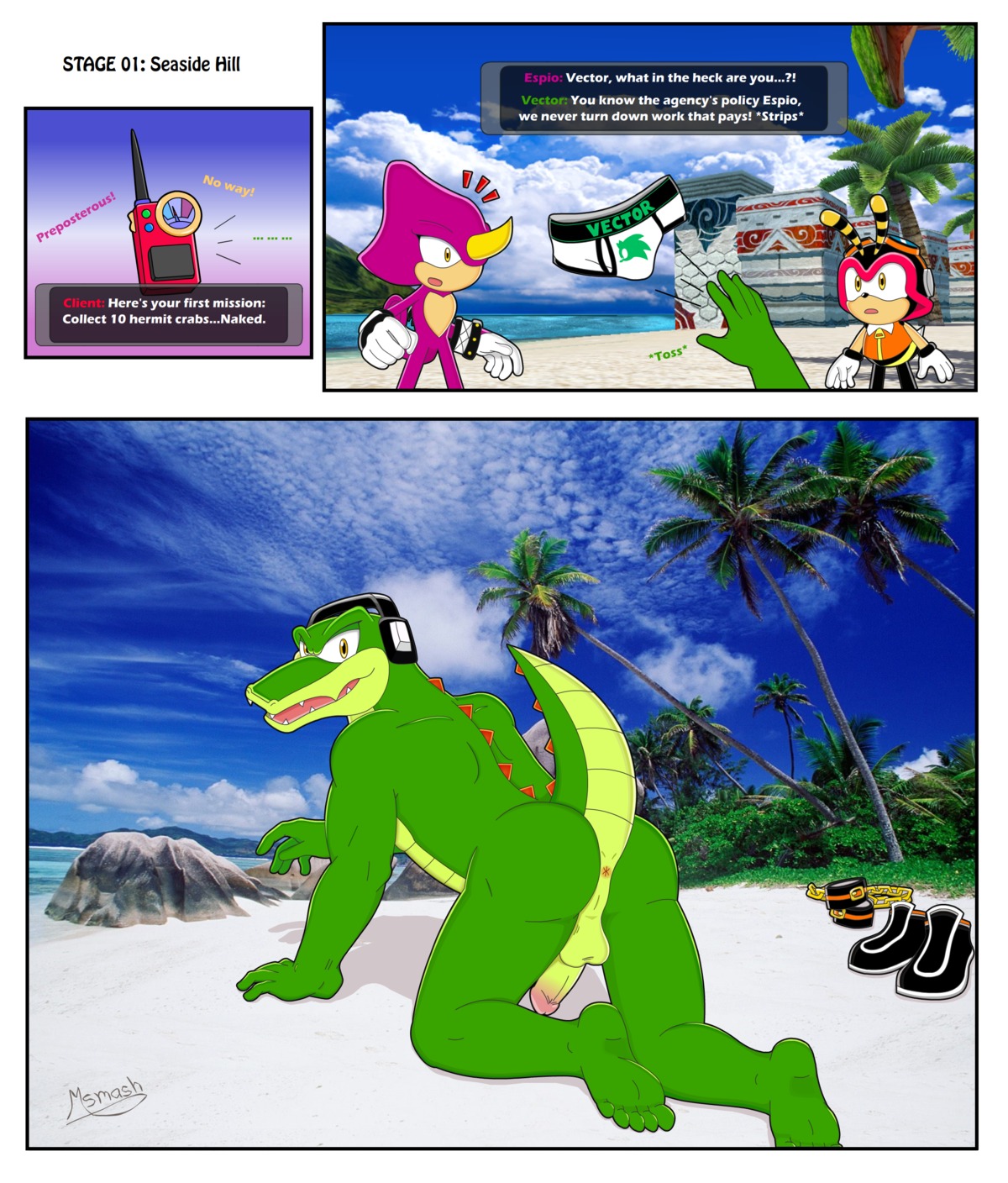 2013 5_toes absurd_res all_fours amber_eyes anthro anus arthropod backsack balls beach bee biceps butt chameleon charmy_bee clothing cloud crocodile crocodilian detailed_background e621 electronics ellipsis english_text erection espio_the_chameleon exclamation_point feet footwear genitals gloves gold_(metal) green_body green_skin group handwear headphones hi_res horn humanoid_genitalia humanoid_penis hymenopteran insect jewelry lizard looking_at_viewer looking_back male meller's_chameleon meteorsmash muscular necklace non-mammal_balls nude outside palm_tree penis plant raised_tail rear_view reptile rock sand scalie sea seaside sega shoes sky solo_focus sonic_the_hedgehog_(series) surprised tail text toes tree underwear undressing vector_the_crocodile walkie-talkie water wristband yellow_eyes