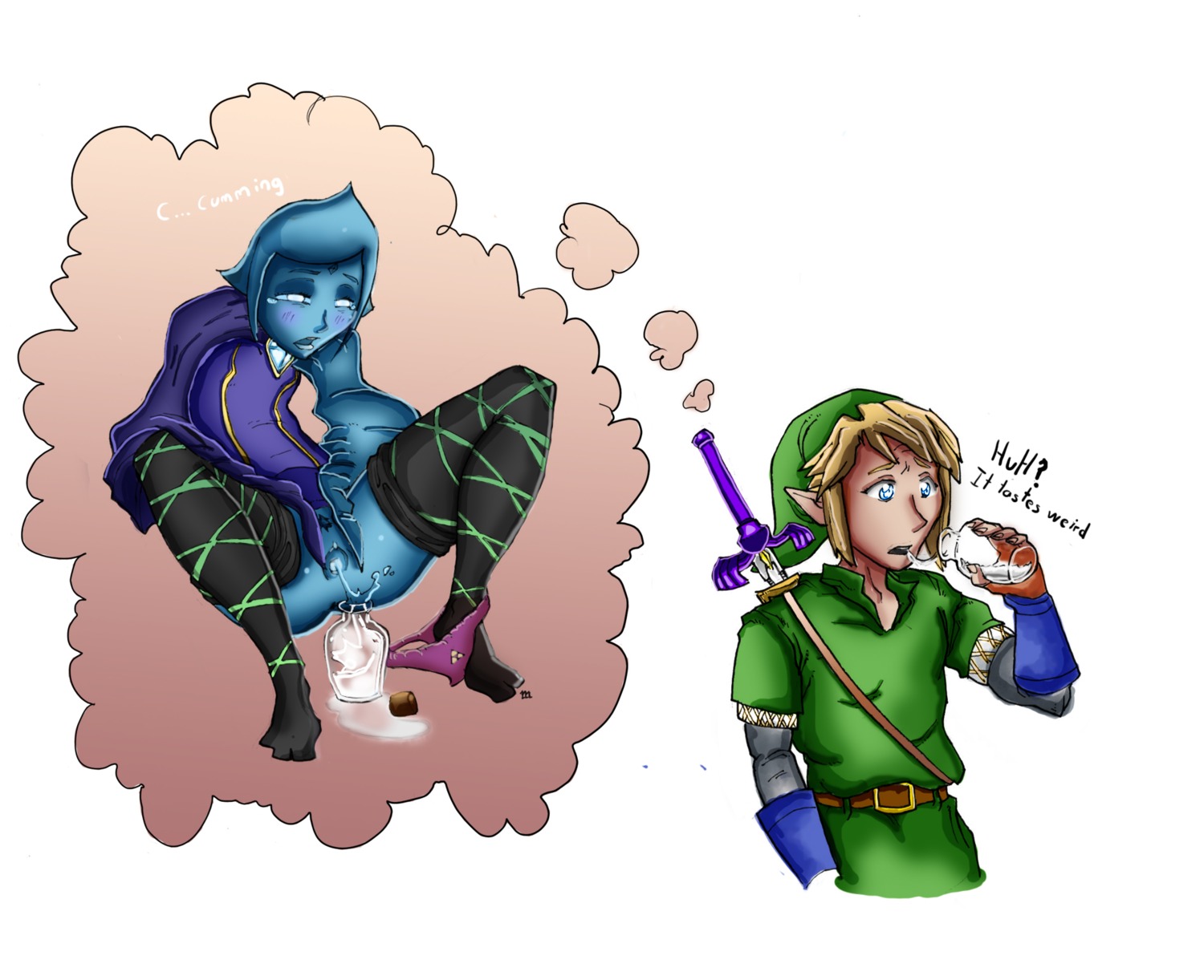1boy 1girls cum cum_drinking cumming female fi link male mrmayhemm oddrich pussy rule34 skyward_sword text the_legend_of_zelda thighhighs vaginal