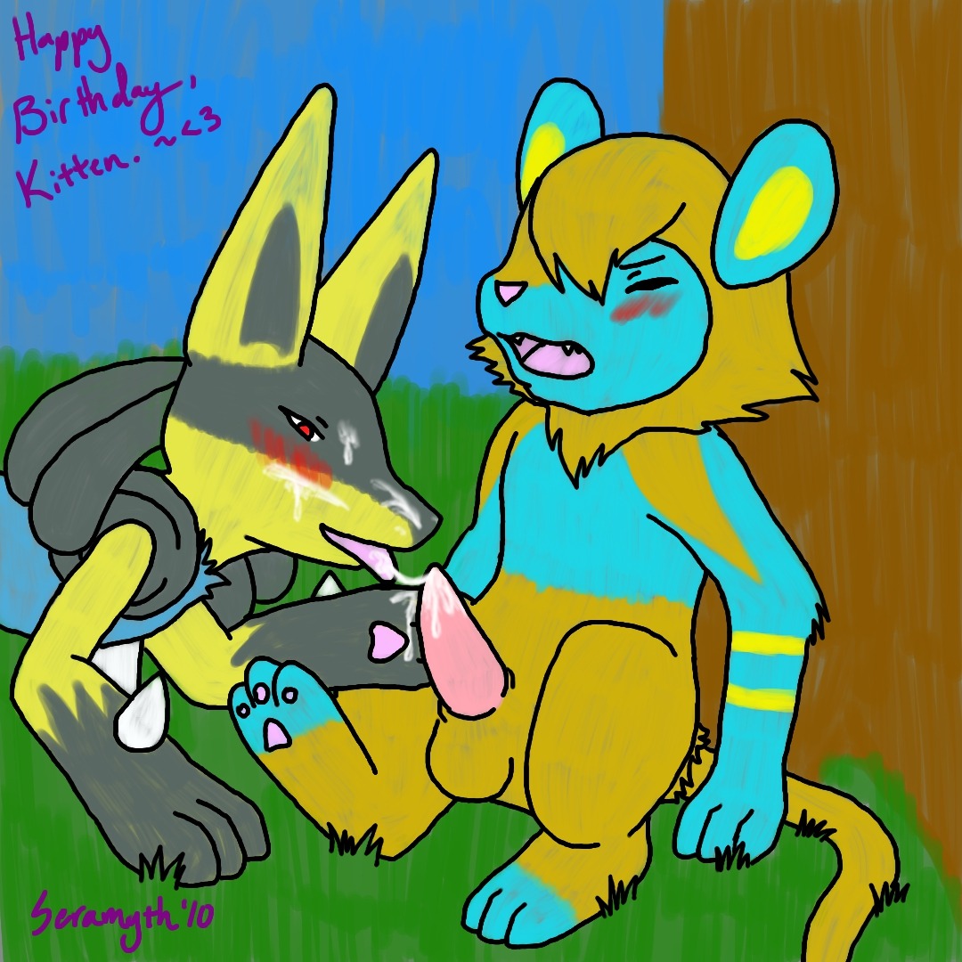 ambiguous_gender anthro blush canine color cum day feline feral fur furry interspecies lucario luxio male male/ambiguous nude outdoors penis pokemon pokemon_(species) rule34 seramyth sitting tagme