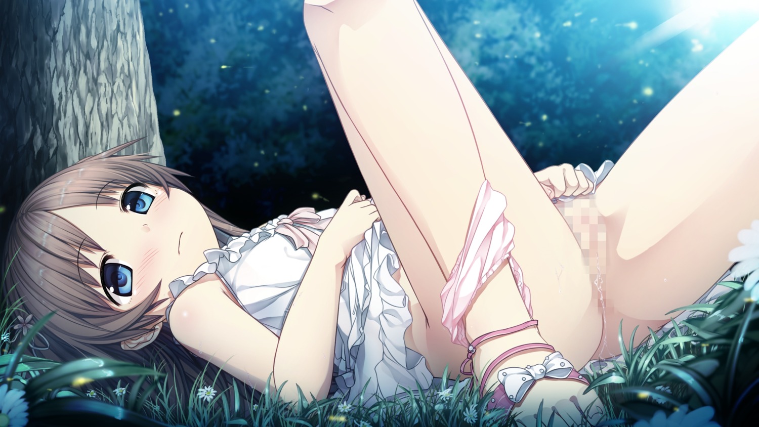 artist_request blue_eyes blush brown_hair censored cura female game_cg highres looking_at_viewer lying monobeno mosaic_censoring on_back panties panties_around_leg panties_around_one_leg pink_panties pussy pussy_juice rule34 sandals sawai_natsuha short_hair solo spread_legs underwear wavy_mouth