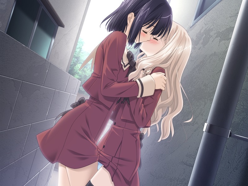 black_hair blonde_hair blush cg eroge female fuguriya game_cg green_eyes kawamura_reo multiple_females multiple_girls peko purple_eyes rule34 sawaguchi_mai schoolgirl sono_hanabira_ni_kuchizuke_wo yuri