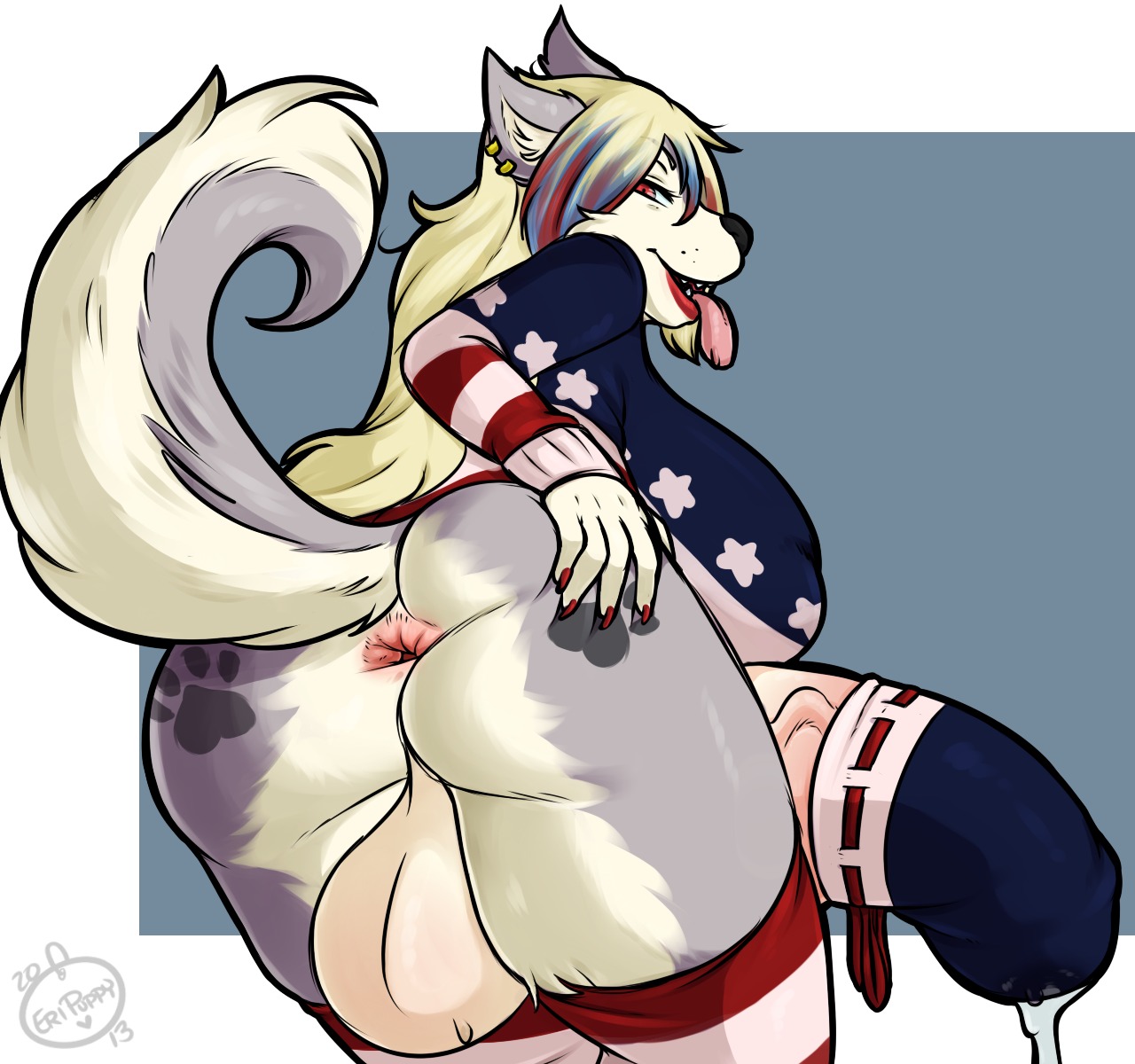 american_flag anthro anus backsack balls big_breasts big_butt big_penis biped bodily_fluids breasts butt butt_markings canid canine canis clothing cock_sock domestic_dog e621 ear_piercing erection footprint footwear gaping gaping_anus genital_fluids genitals gynomorph hair hi_res huge_breasts huge_penis husky hyper hyper_genitalia hyper_penis intersex inviting legwear looking_at_viewer looking_back looking_back_at_viewer mammal markings multicolored_hair nordic_sled_dog open_mouth pawprint pawprint_(marking) penis penis_clothing piercing precum presenting presenting_anus presenting_balls presenting_hindquarters puptini purgy red_eyes smile socks solo spitz tattoo tongue tongue_out united_states_of_america vein veiny_penis