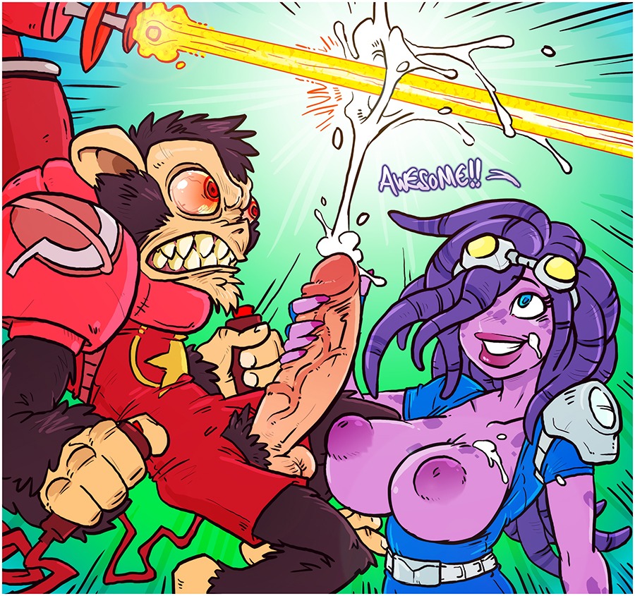 2012 alien alien_humanoid anthro areola awesomenauts big_penis bodily_fluids breasts coco_nebulon cum cum_on_breasts cumshot duo e621 ejaculation erection feet female female_humanoid genital_fluids genitals handjob haplorhine humanoid humanoid_genitalia humanoid_on_anthro humanoid_penis laser long_penis male male/female mammal monkey nipples orgasm penile penis penis_grab prehensile_feet primate sex sparrow_(artist) toes vein veiny_penis yuri_(awesomenauts)