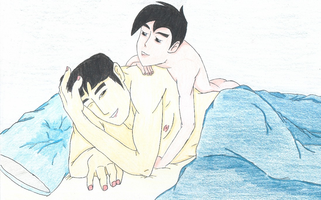 2boys asian bed black_hair danny_fenton danny_phantom erect_nipples gay hand_on_own_head inviting_to_sex kwan looking_at_partner looking_at_viewer male male_only nipples nude one_eye_closed rule34 yaoi
