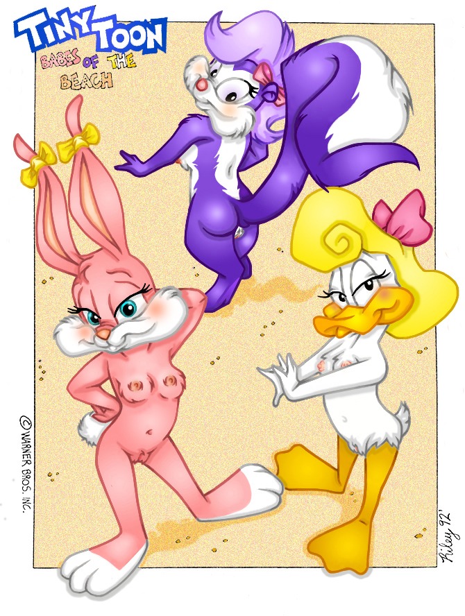 1990s 1992 20th_century 3girls anthro babs_bunny beach black_eyes blonde_hair blue_eyes duck female female_only fifi_la_fume fur furry loon mammal multiple_females nude pink_fur rabbit rule34 shirley_the_loon skunk soft_feathers tiny_toon_adventures toonpimp uncensored