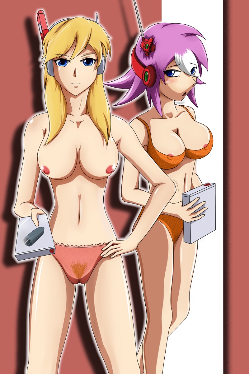2girls alia alia_(mega_man) big_breasts blonde_hair blue_eyes bra breasts female female_only hands_on_hips holding_object mega_man mega_man_x multicolored_hair multiple_females multiple_girls nana_(mega_man) nipple_slip nipples panties pink_hair pubic_hair rule34 see-through see-through_panties short_hair shoulder_length_hair smiling ticktank topless