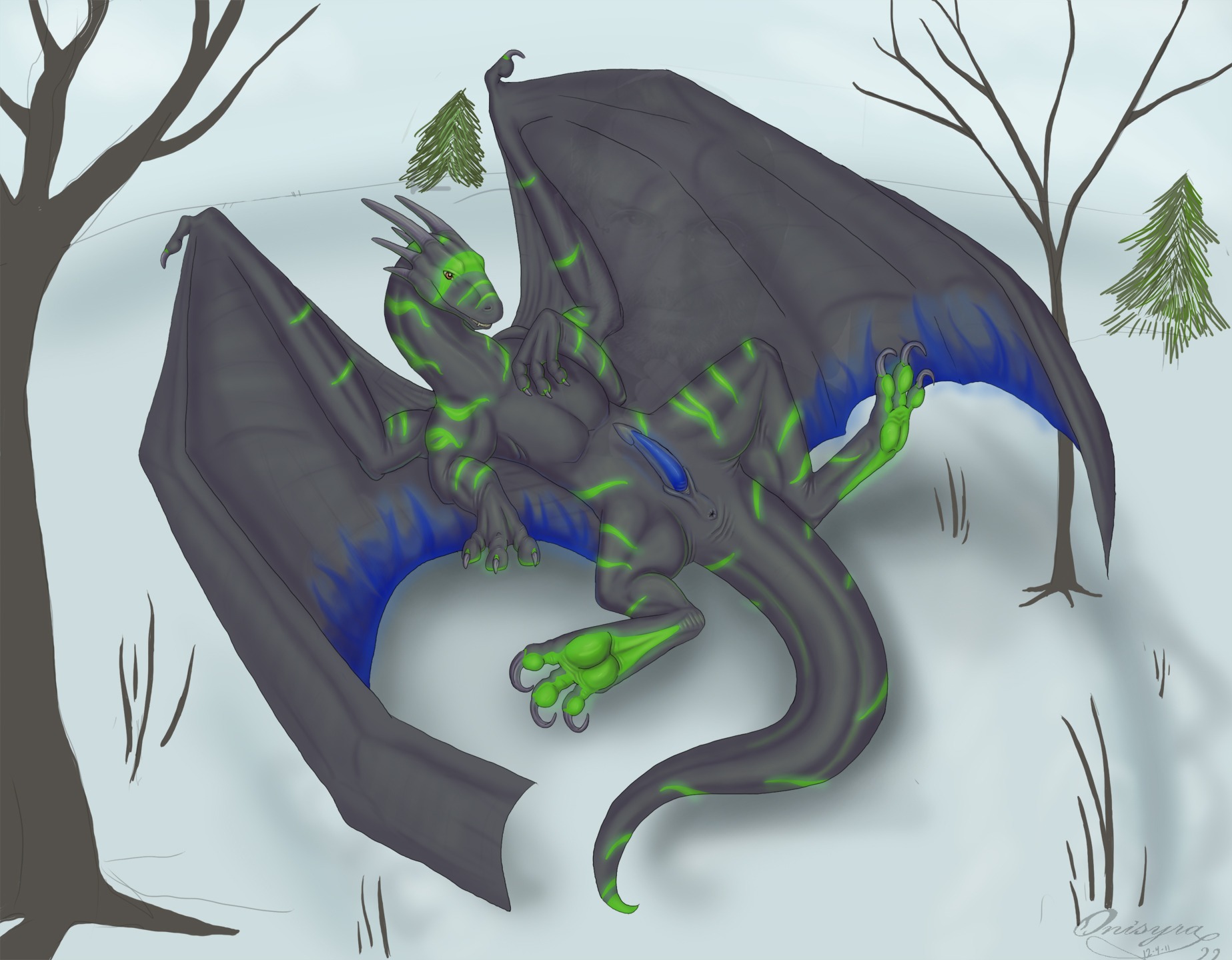 3_toes claws dragon e621 erection european_mythology feet feral genitals glowing hi_res hindpaw lying male membrane_(anatomy) membranous_wings mythological_creature mythological_scalie mythology noxy_(dragon) nude on_back onisyra outside paws penis plant scalie snow solo steve_jobs tail toes tree watermark western_dragon wings wood