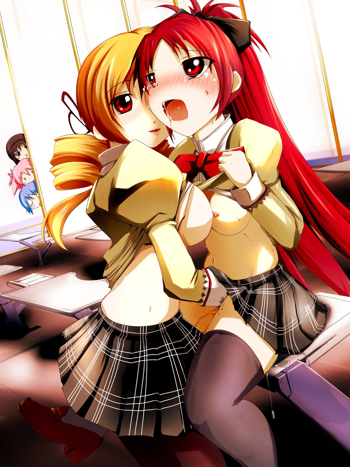 5girls blonde_hair blood blush breasts dlcsekiei duo_focus female female_only fingering highres human long_hair madoka_kaname mahou_shoujo_madoka_magica miki_sayaka multiple_females multiple_girls nipples nosebleed pantyhose pink_hair ponytail pussy pussy_juice red_eyes red_hair rule34 sakura_kyouko saliva school_uniform short_hair tear tied_hair tomoe_mami twintails yuri