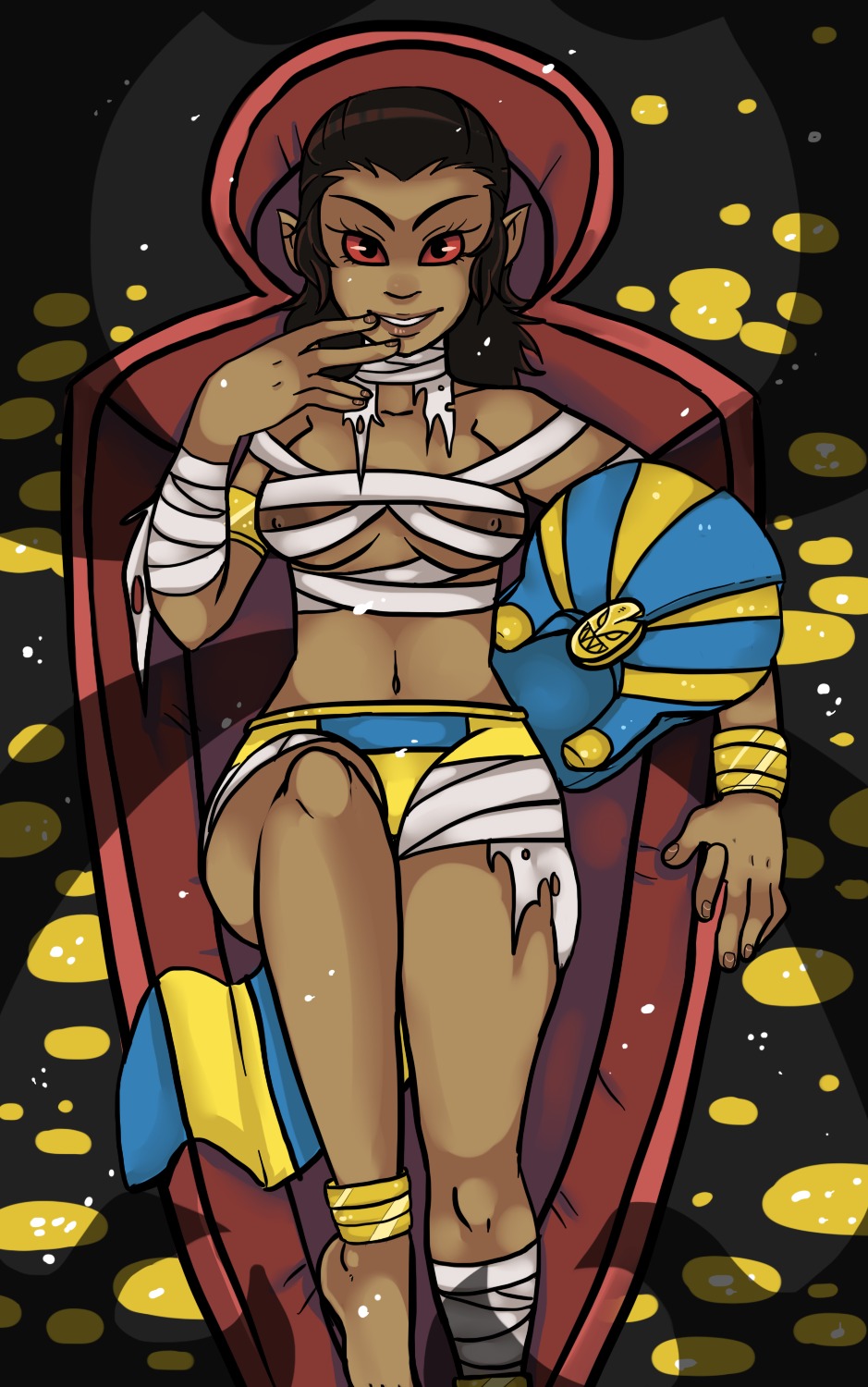 bandage breasts brown_hair cofagrigus color contessa female female_only humanized lying nipples on_back pokemon red_eyes rule34 smile solo tagme