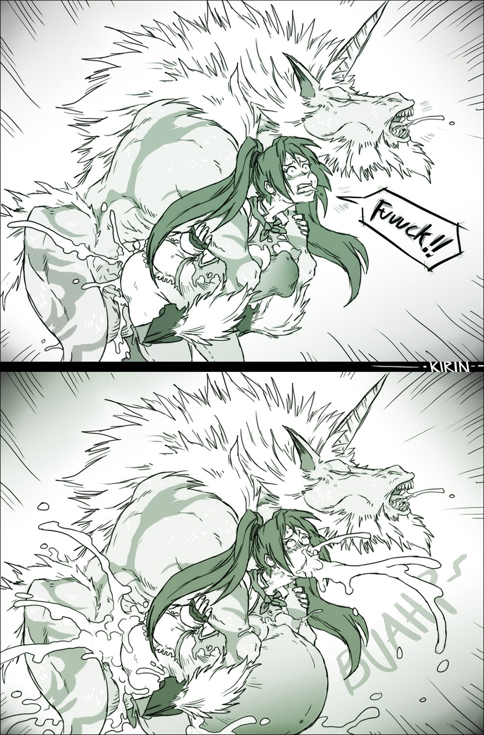 1boy 1girls ambiguous_penetration bestiality cum cum_inflation cum_inside cum_out_nose cum_through cumflated_belly cumflation deep_penetration english_text equine excessive_cum female horse human husband_and_wife hyper_cumflation hyper_penetration hyper_stomach_bulge inflation interspecies kirin_(monster_hunter) large_insertion male monochrome monster_hunter penetration profanity rule34 sex_from_behind sparrow_(artist) speech_bubble stallion stomach_bulge straight zoophilia