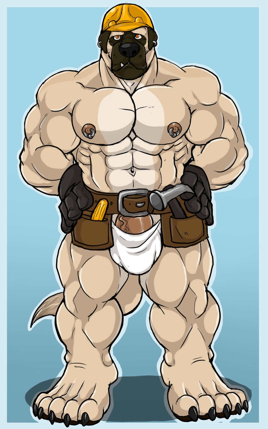 2013 5:8 5_toes abs amber_eyes animal_genitalia anthro armor arody athletic balls belt biceps big_muscles big_penis biped black_nose blue_background brown_body brown_fur bulge bulldog canid canine canis claws clothed clothing construction_worker domestic_dog drunklion e621 ear_piercing fangs feet fur genitals gloves grey_body grey_fur grin hammer hands_on_hips handwear hard_hat headgear helmet hi_res male mammal mastiff molosser muscular muscular_anthro muscular_male nipple_piercing nipples orange_eyes pawpads paws pecs penis penis_base piercing pose presenting sheath simple_background smile solo speedo standing swimwear tail tan_body tan_fur teeth toe_claws toes tool_belt tools topless underwear vein white_body white_fur worker