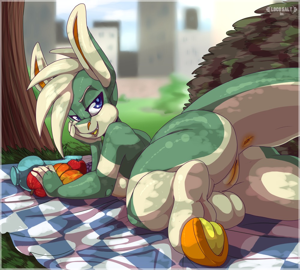 anthro anus backsack balls bedroom_eyes biped blue_eyes cotton_(locosaltinc) detailed_background digital_media_(artwork) dildo e621 flirting food fruit genitals half-closed_eyes herm hooves intersex locosaltinc looking_at_viewer looking_back lying narrowed_eyes on_front open_mouth picnic pinup plant pose presenting public rear_view scalie seductive sex_toy shrub solo spring_(season) taffy_monster teeth tree vulva watermark