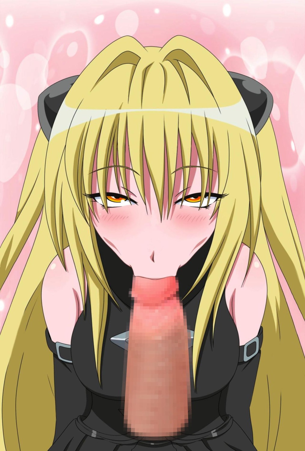 :>= artist_request bare_shoulders blonde_hair blush censored clothing detached_sleeves fellatio highres huge_cock konjiki_no_yami long_hair looking_at_viewer male mosaic_censoring oral penis pov rule34 to_love-ru
