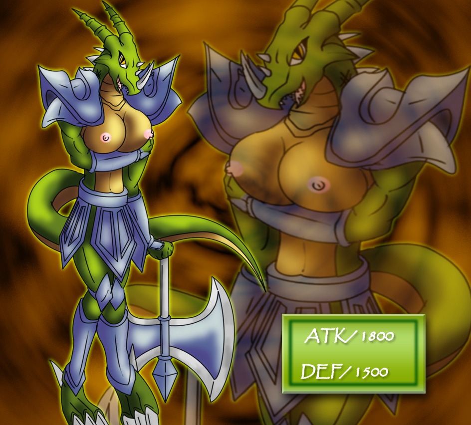 armor axe breasts duel_monster e621 female garoozis green_body green_skin konami melee_weapon nude solo tail venjix325 weapon yellow_eyes yu-gi-oh!