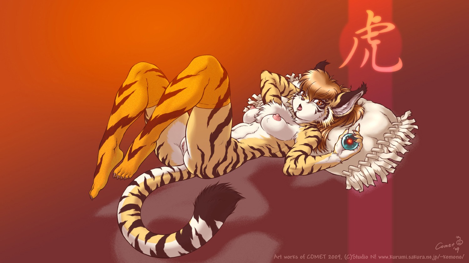 16:9 2009 anthro breasts brown_eyes brown_hair chinese_zodiac clothing dr_comet e621 feet felid female genitals hair hi_res hindpaw legwear mammal pantherine paws pillow solo stockings stripes tail text tiger vulva wallpaper widescreen year_of_the_tiger