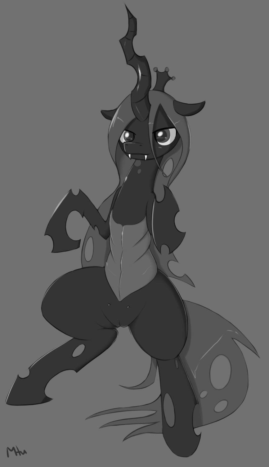 arthropod changeling_(mlp) e621 fangs female feral friendship_is_magic genitals hasbro hi_res horn insect_wings looking_at_viewer miketheuser monochrome my_little_pony nipples queen_chrysalis_(mlp) signature simple_background solo tail teats teeth vulva wings