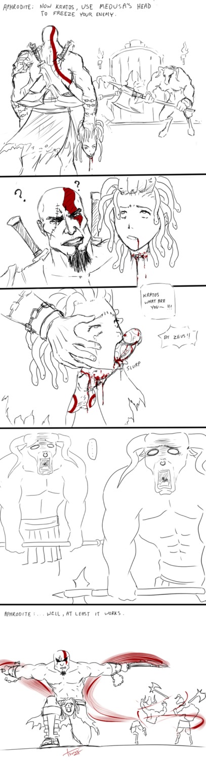 axe battle_axe beard blood blue_eyes brown_hair confused confusion death decapitation deepthroat dialogue double_kill female female_death funny god_of_war gore gorgon greek_mythology guro kratos male male_death male_focus medusa minotaur monster_death naughty_face necrophilia oral pale_skin reverse_blowjob rule34 severed_head shocked skull_fucking slim smooth_skin snuff sound_effect straight tsurugi9000 what what_the_fuck