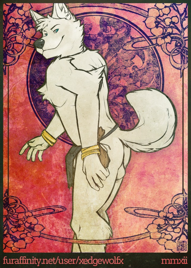 abstract_background anthro backsack bag balls biped black_nose bottomwear bracelet bulge butt canid canine clothed clothing e621 ears_up fur genitals ineffective_clothing ineffective_loincloth jewelry loincloth looking_at_viewer looking_back male mammal penis raised_tail seductive simple_background skimpy solo standing tail teal_eyes tenting text topless url white_body white_fur xedgewolfx