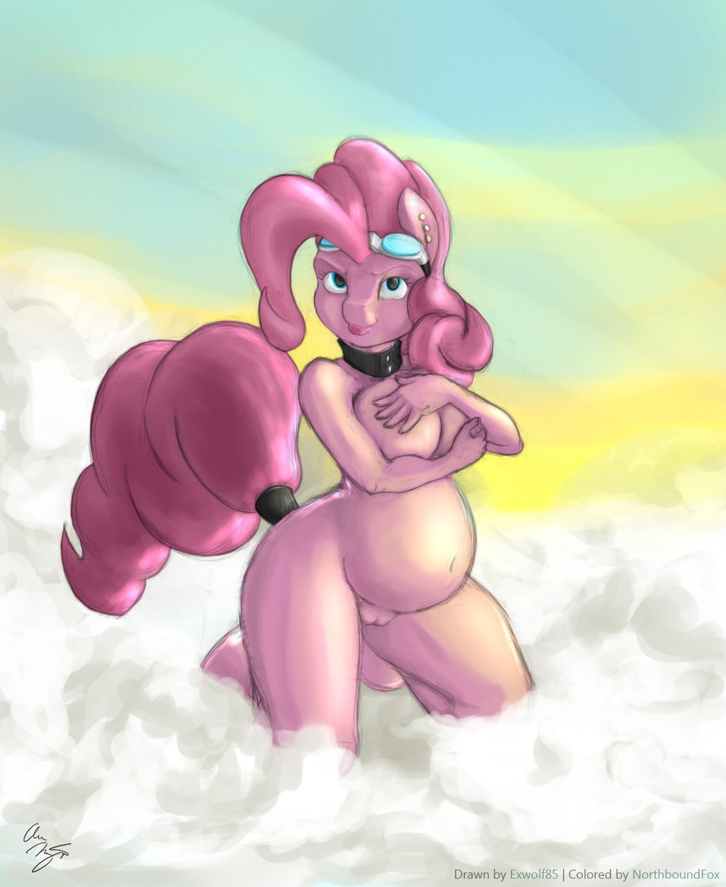 2013 anthro anthrofied artist_collaboration belly big_belly biped blue_eyes cloud collar e621 earth_pony english_text equid equine exwolf85 eyewear female friendship_is_magic fur genitals goggles hair hasbro hi_res horse kneeling mammal my_little_pony northboundfox outside piercing pink_body pink_fur pink_hair pinkie_pie_(mlp) pony pregnant solo tail tail_wraps text vulva wraps