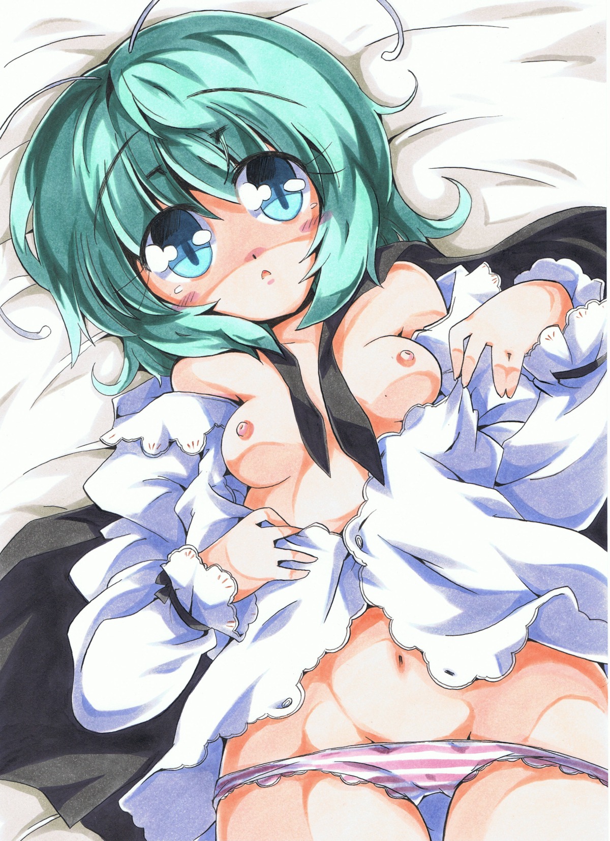 1girls antenna antennae bare_shoulders blue_eyes bottomless breasts cape female green_hair high_resolution lying marker_(medium) milkpanda nipples no_pants open_clothes open_shirt panties rule34 shirt solo striped striped_panties touhou traditional_media underwear wriggle_nightbug