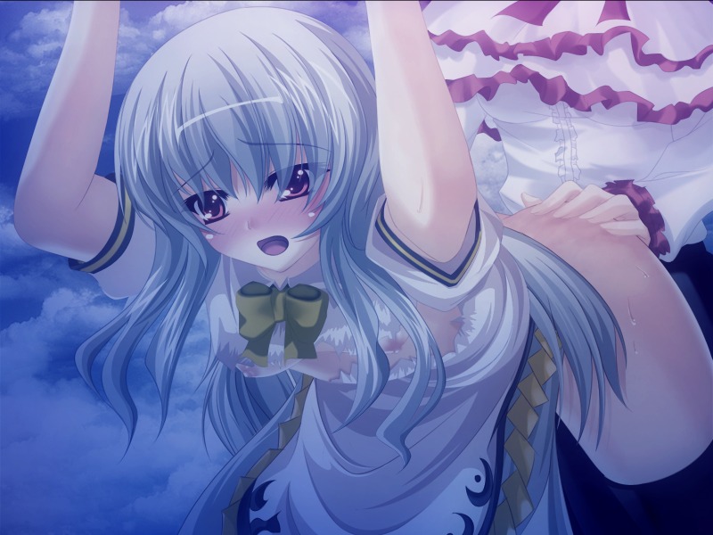 ass bent_over blue_hair blush bottomless bow breasts capelet cloud doggy_style female frills futa_on_female futanari iku_nagae intersex long_hair nipples onsen_tamago_(nurumayu_onsen) open_mouth red_eyes rule34 sex short_hair sky tenshi_hinanawi through_clothes touhou