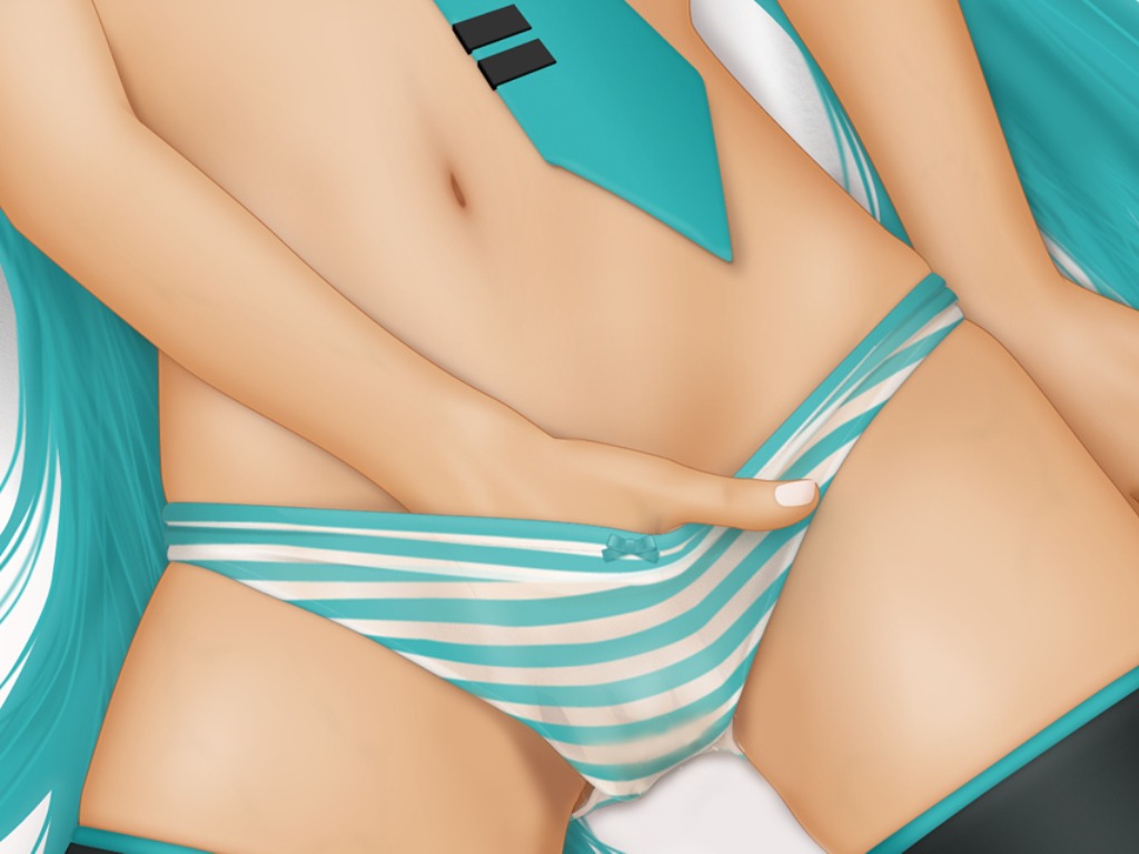 1girl acerbi aqua_hair blue_hair bow bow_panties close-up female female_masturbation fingering hand_in_panties hatsune_miku long_hair masturbation navel necktie panties pussy_juice pussy_juice_stain rule34 solo striped striped_panties thighhighs underwear vocaloid wet wet_clothes wet_panties zettai_ryouiki