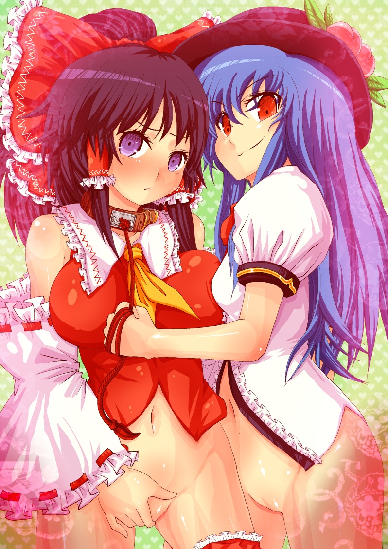artist_request ascot black_hair blue_eyes blue_hair bondage bottomless bow breast_press breasts collar detached_sleeves female femsub food fruit hair hair_ornament hair_tubes hairbow hat human japanese_clothes large_breasts leash long_hair miko multiple_females multiple_girls n_(dai_n_honpo) peach_(fruit) ponytail reimu_hakurei reimu_nimutyuu rule34 smile tenshi_hinanawi tied_hair touhou yuri