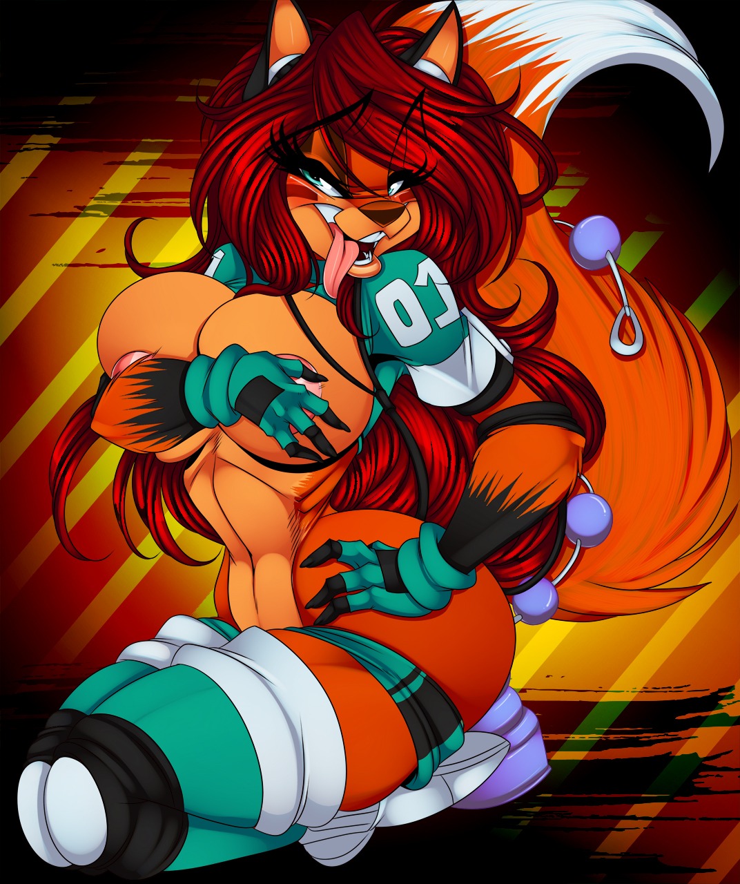 2013 abstract_background anal anal_beads anal_masturbation anal_penetration anthro areola big_breasts big_butt biped black_body black_fur breasts brown_nose butt canid canine clothed clothing crystal-for-ever digital_media_(artwork) dildo dildo_sitting e621 female fingerless_gloves fox fur gloves green_eyes hair handwear hi_res kneeling long_hair looking_at_viewer mammal masturbation navel nipples open_mouth orange_body orange_fur penetration red_hair sex_toy shirt simple_background solo tail teeth thick_thighs tongue tongue_out topwear toying_self vaginal vaginal_masturbation white_body white_fur wide_hips