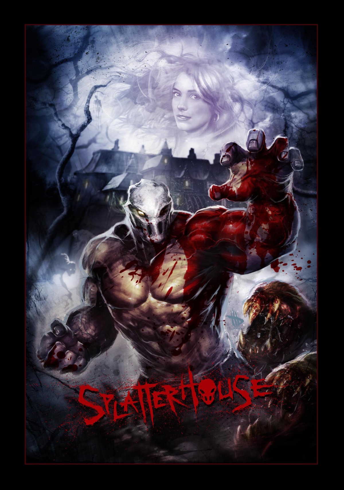 abs absurd_res athletic belt biceps big_muscles black_border blood bodily_fluids border bottomwear clothed clothing dave_wilkins death demon e621 female glowing glowing_eyes gore hi_res horror_(theme) huge_muscles human jennifer_willis male mammal mask monster muscular muscular_male nipples pants pecs pose poster poster_template rick_taylor solo splatterhouse teeth terror_mask topless vein veiny_muscles yellow_eyes