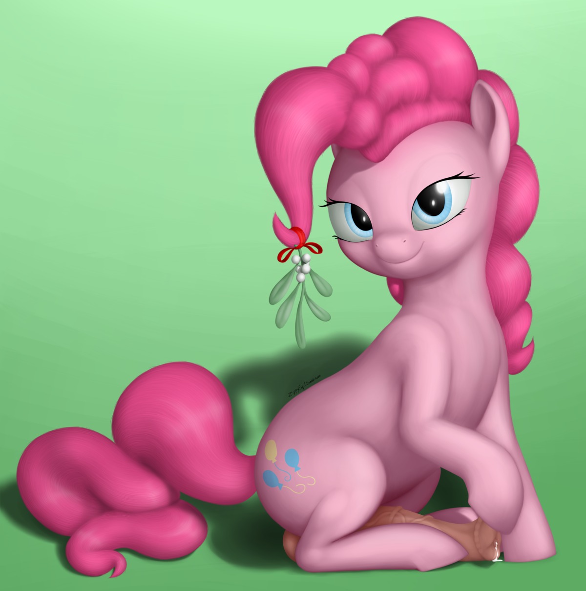 2013 absurd_res animal_genitalia animal_penis balls blue_eyes bodily_fluids christmas cum cutie_mark e621 earth_pony equid equine equine_genitalia equine_penis erection feral friendship_is_magic fur genital_fluids genitals green_background gynomorph hair hasbro hi_res holidays horse intersex kissing_bough looking_at_viewer mammal mistletoe my_little_pony penis pink_body pink_fur pink_hair pinkie_pie_(mlp) plant pony precum simple_background solo vein zippysqrl