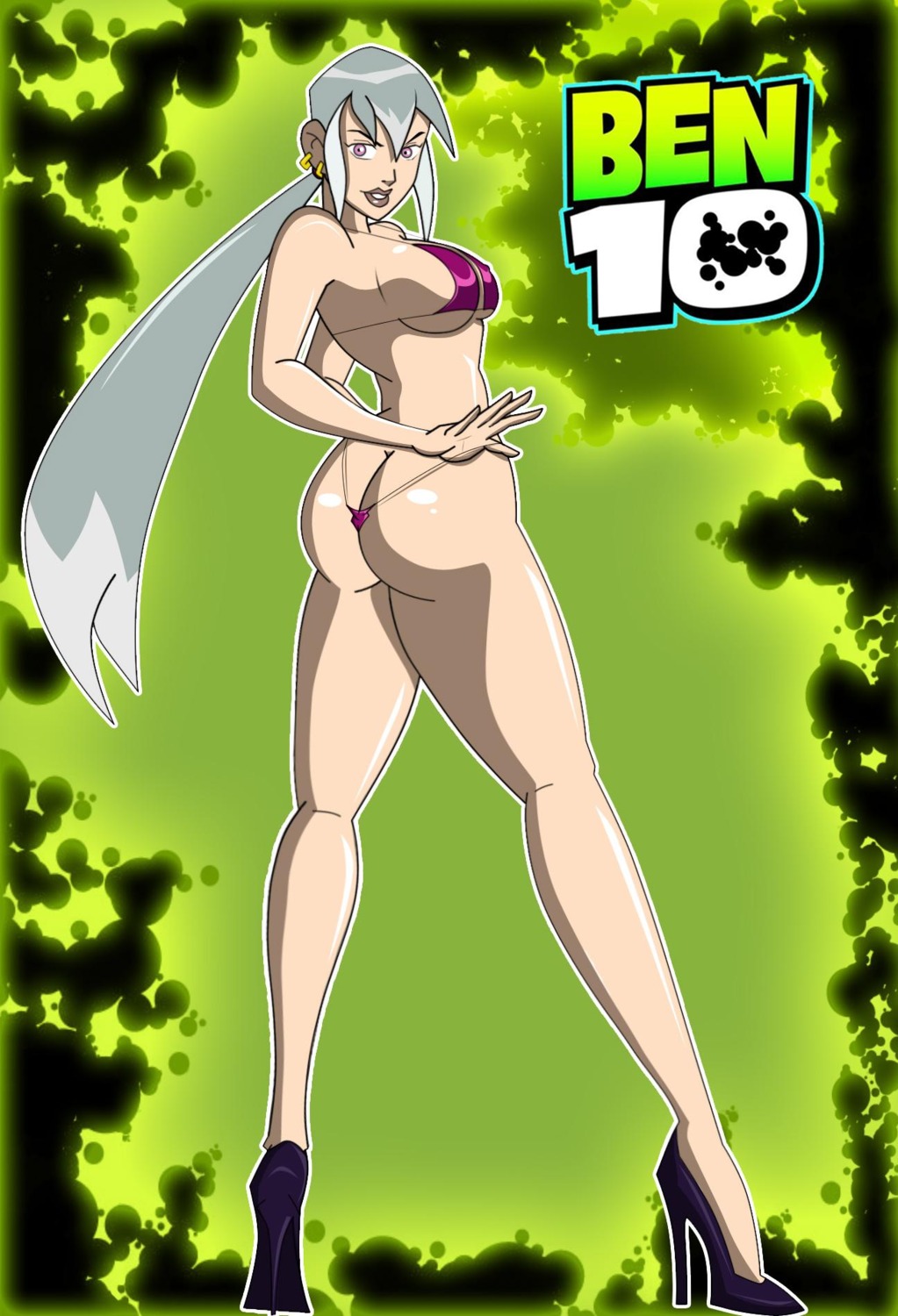 1girls ass ass_cleavage ass_crack ass_focus ben_10 ben_10_(classic) bikini_top breasts butt_crack charmcaster charmcaster_(classic) earrings erect_nipples female female_only gothic gothic_girl green_background grimphantom high_heels nipples ponytail purple_eyes rule34 silver_hair thong
