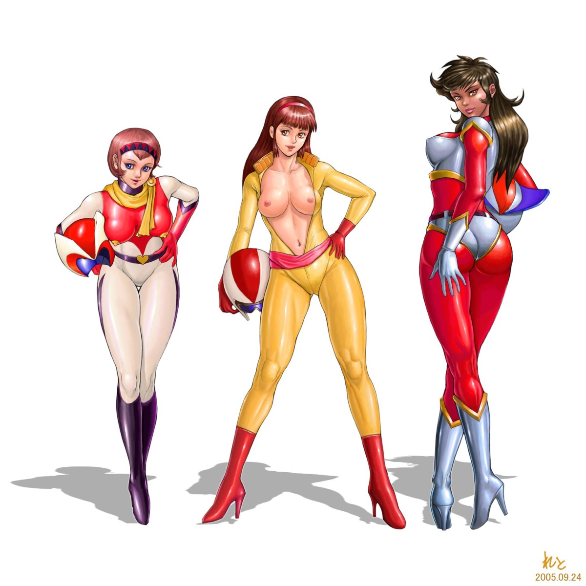 2005 3girls ass belt blue_eyes bodysuit boots breasts brown_eyes brown_hair cameltoe crossover curvaceous dark-skinned_female dark_skin female getter_robo getter_robo_(tv) gloves great_mazinger green_eyes hairband helmet high_heel_boots human jun_hono large_breasts light-skinned_female light_skin long_hair mazinger mazinger_z michiru_saotome multiple_females multiple_girls nipples pilot_suit pussy rule34 sayaka_yumi scarf short_hair skin_tight standing trio white_background zen_and_retro