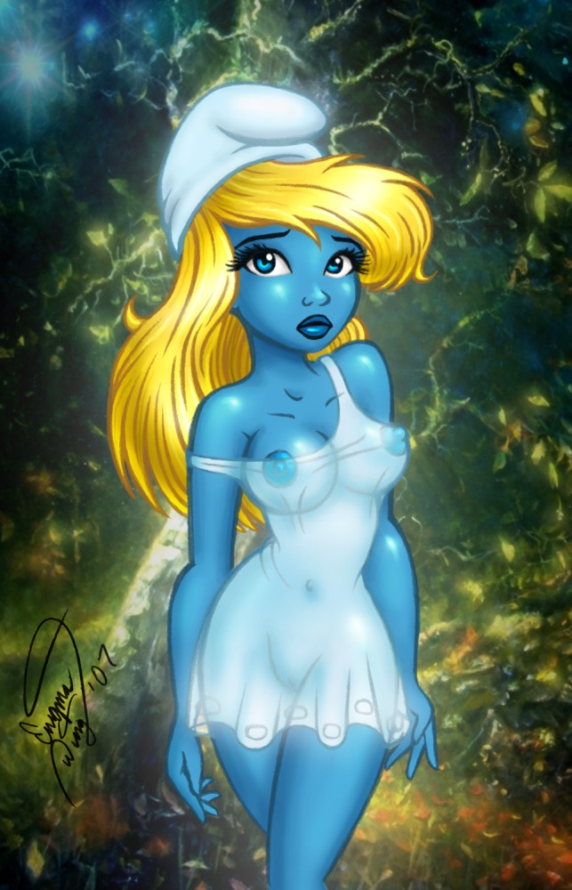 biped blonde_hair blue_eyes breasts clothed clothing curve e621 enigmawing female genitals grandfathered_content hair hat headgear headwear humanoid long_hair looking_at_viewer navel nipples not_furry off_shoulder outside phrygian_cap smurf smurfette solo the_smurfs translucent translucent_clothing vulva