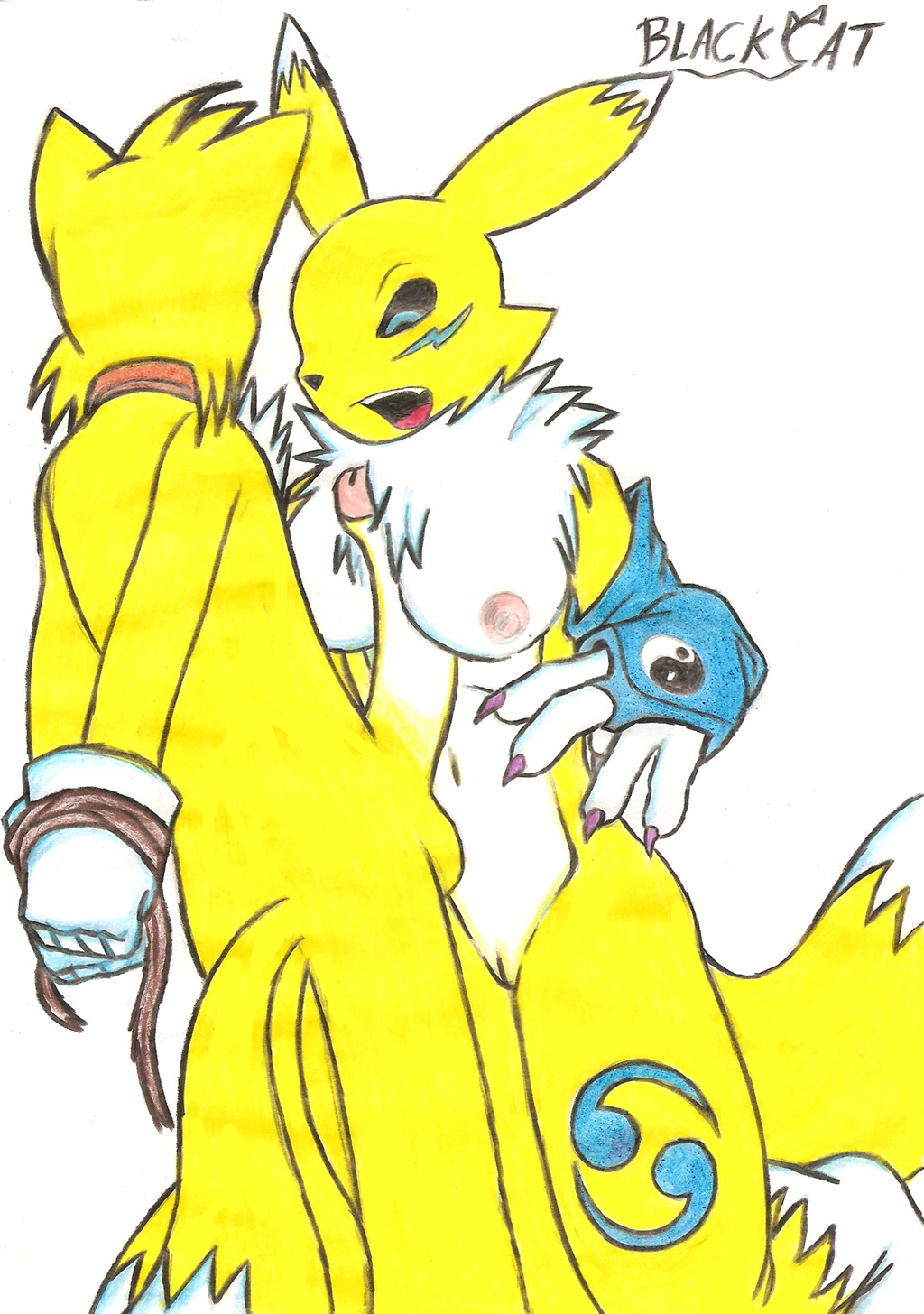 anthro balls bandai_namco bdsm big_penis black_sclera blackcat bondage bound breasts canid canine crossover digimon digimon_(species) duo e621 erection female fox fox_tail fur genitals hi_res male male/female mammal miles_prower multi_tail penis renamon sega sonic_the_hedgehog_(series) tail vulva white_body white_fur yellow_body yellow_fur