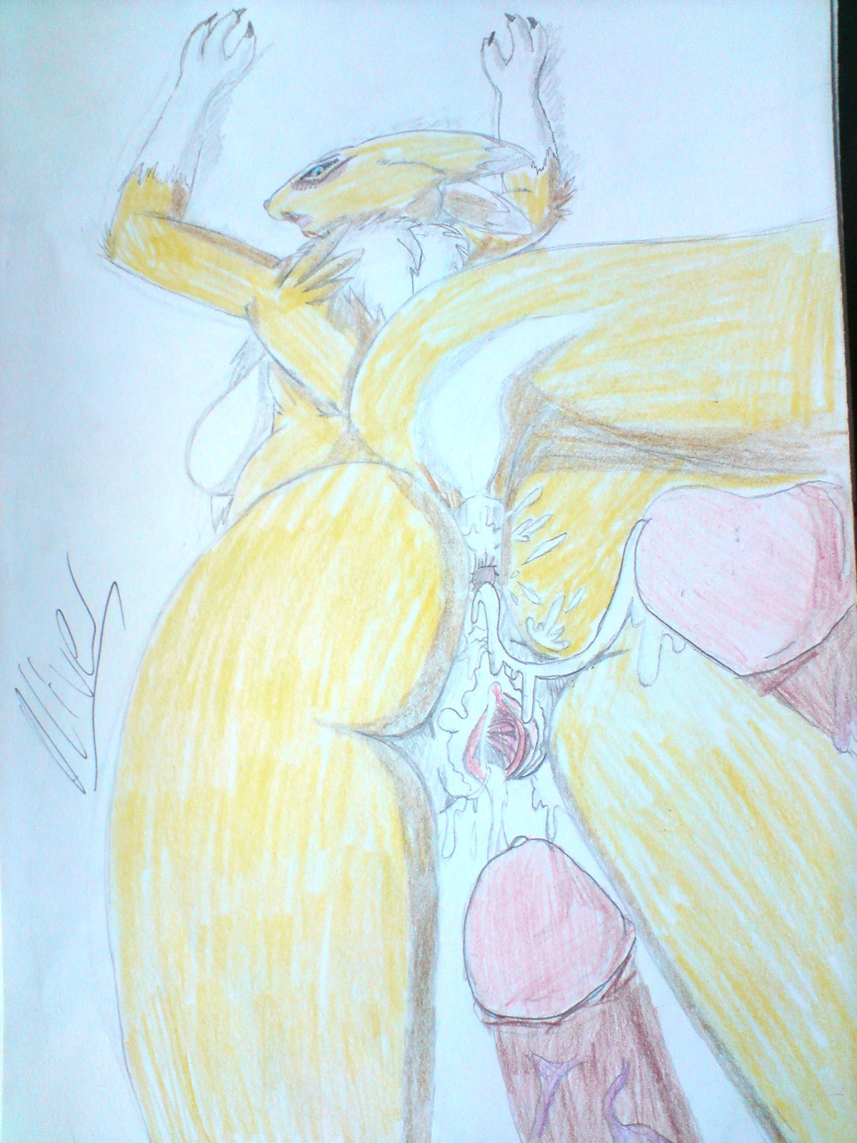 3:4 absurd_res anthro bandai_namco black_sclera bodily_fluids breasts canid canine cum digimon digimon_(species) duo e621 female female_focus fur genital_fluids hi_res male male/female mammal renamon side_boob solo_focus tail unknown_artist white_body white_fur yellow_body yellow_fur
