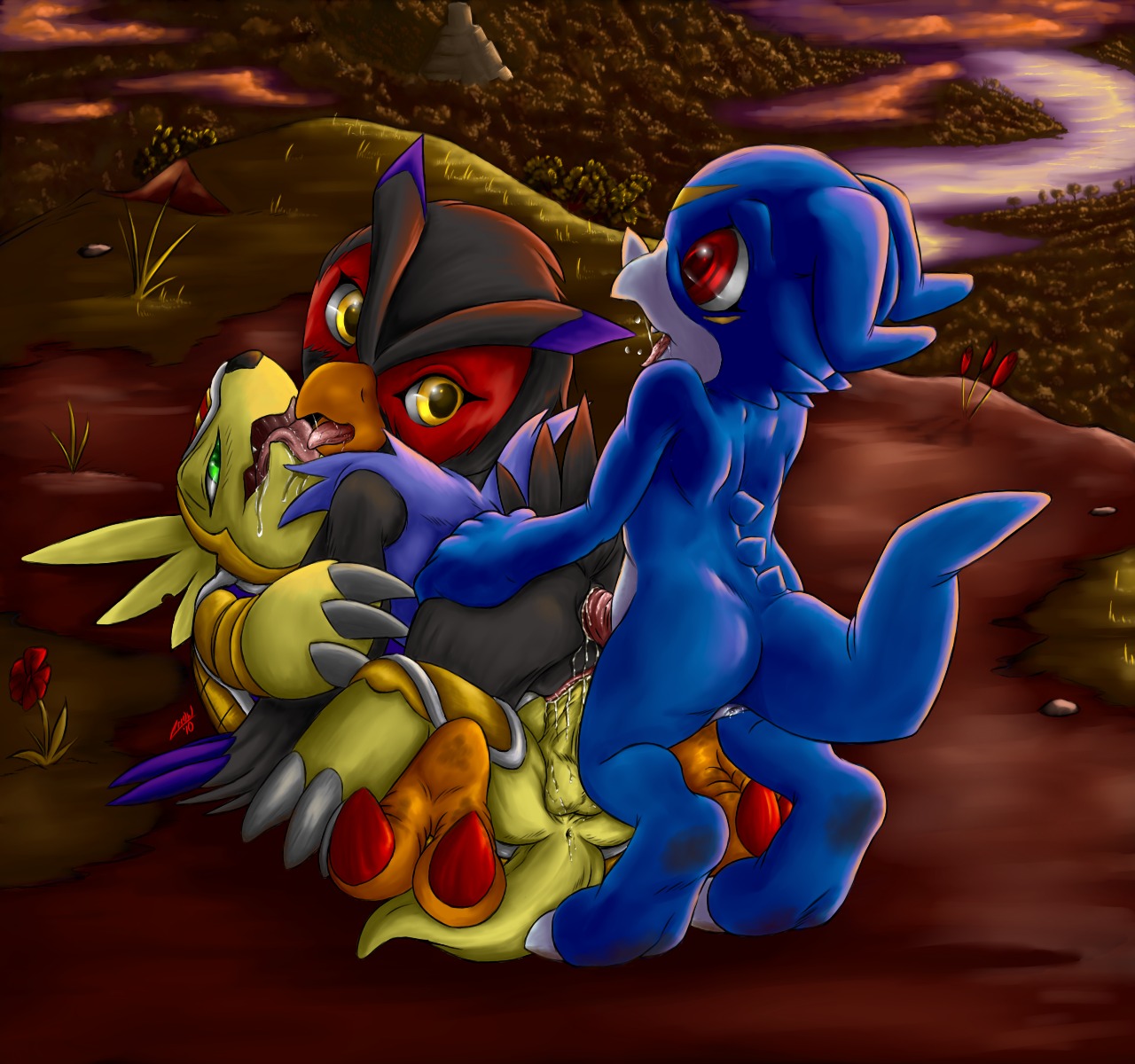 3boys anal anthro anus armadillo armadillomon ass avian bird digimon digimon_(species) dragon falcomon interspecies male male/male male_only mammal owl penis rule34 scalie tagme veemon