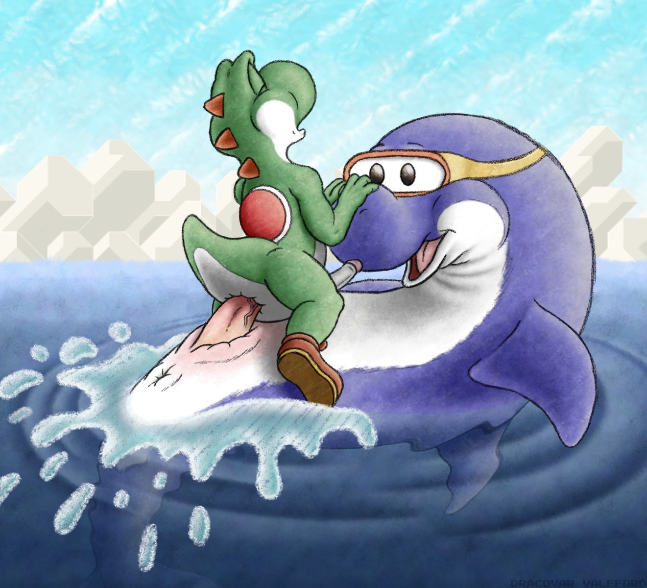 anal anal_penetration animal_genitalia animal_penis anthro anthro_on_feral anthro_penetrated anus aquatic bestiality butt cetacean cetacean_genitalia cetacean_penis cowgirl_position dinosaur dolphin dolphin_(mario) dracovar_valeford duo e621 erection eyes_closed eyewear feral feral_penetrating feral_penetrating_anthro foreskin from_front_position genitals glasses green_body green_yoshi hi_res humanoid_genitalia humanoid_penis interspecies male male/male male_on_bottom male_on_top male_penetrated male_penetrating male_penetrating_male mammal mario_bros nintendo nude oceanic_dolphin on_bottom on_top open_mouth penetration penis prehistoric_species reptile retracted_foreskin scalie sex simple_background size_difference smaller_penetrated splash straddling super_mario_world tapering_penis toothed_whale water yoshi