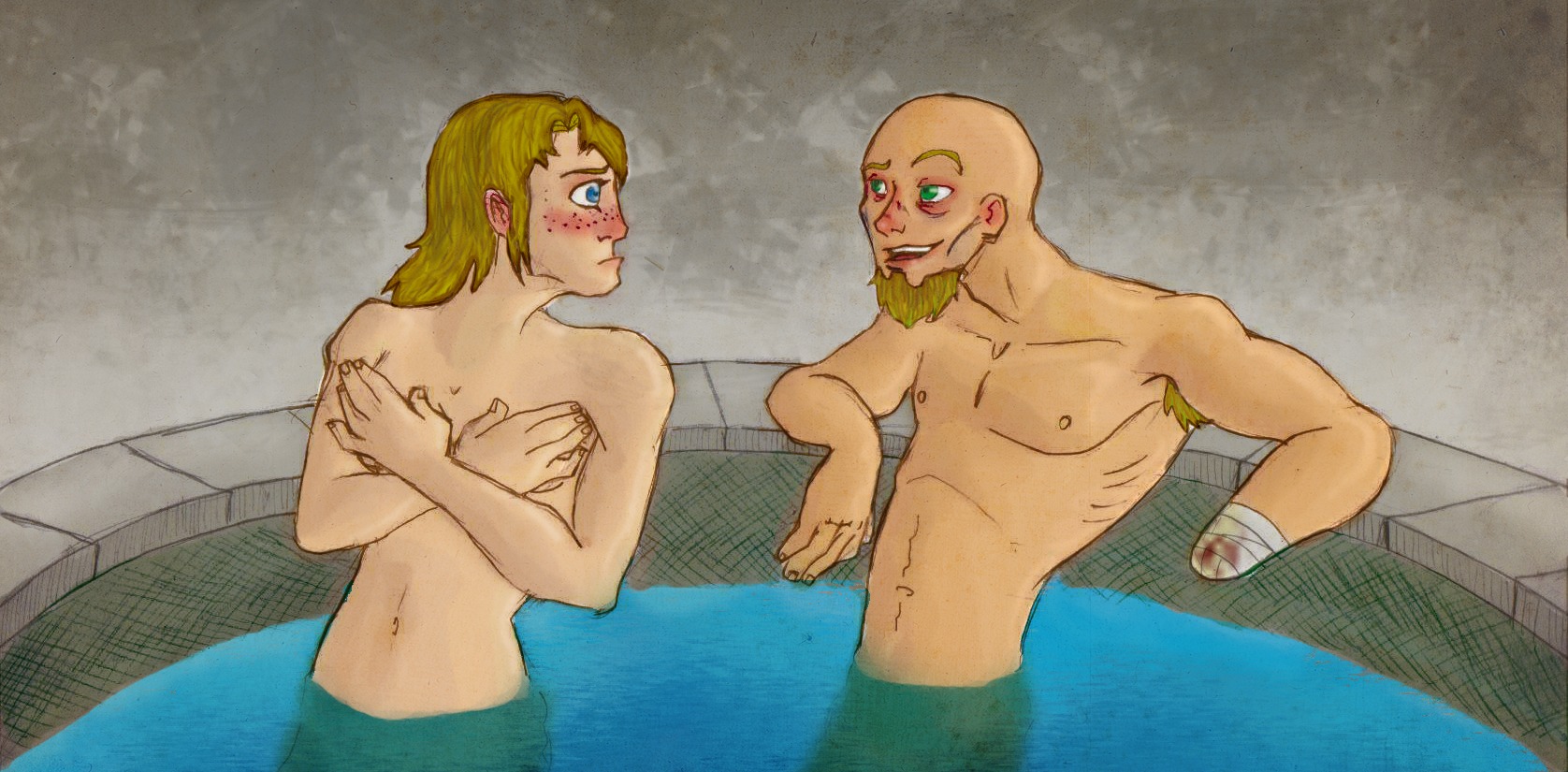 1girls 2d a_song_of_ice_and_fire artist_request bath breasts brienne_of_tarth covering_breasts female freckles game_of_thrones jaime_lannister literature male rule34 tagme water