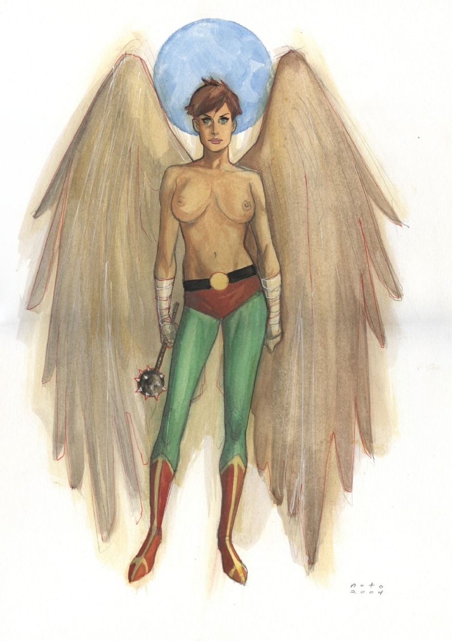 1girls 2004 armed big_breasts breasts brown_hair dc dc_comics female female_only green_eyes hawkgirl justice_league navel nipples phil_noto rule34 short_hair solo teeth topless wings