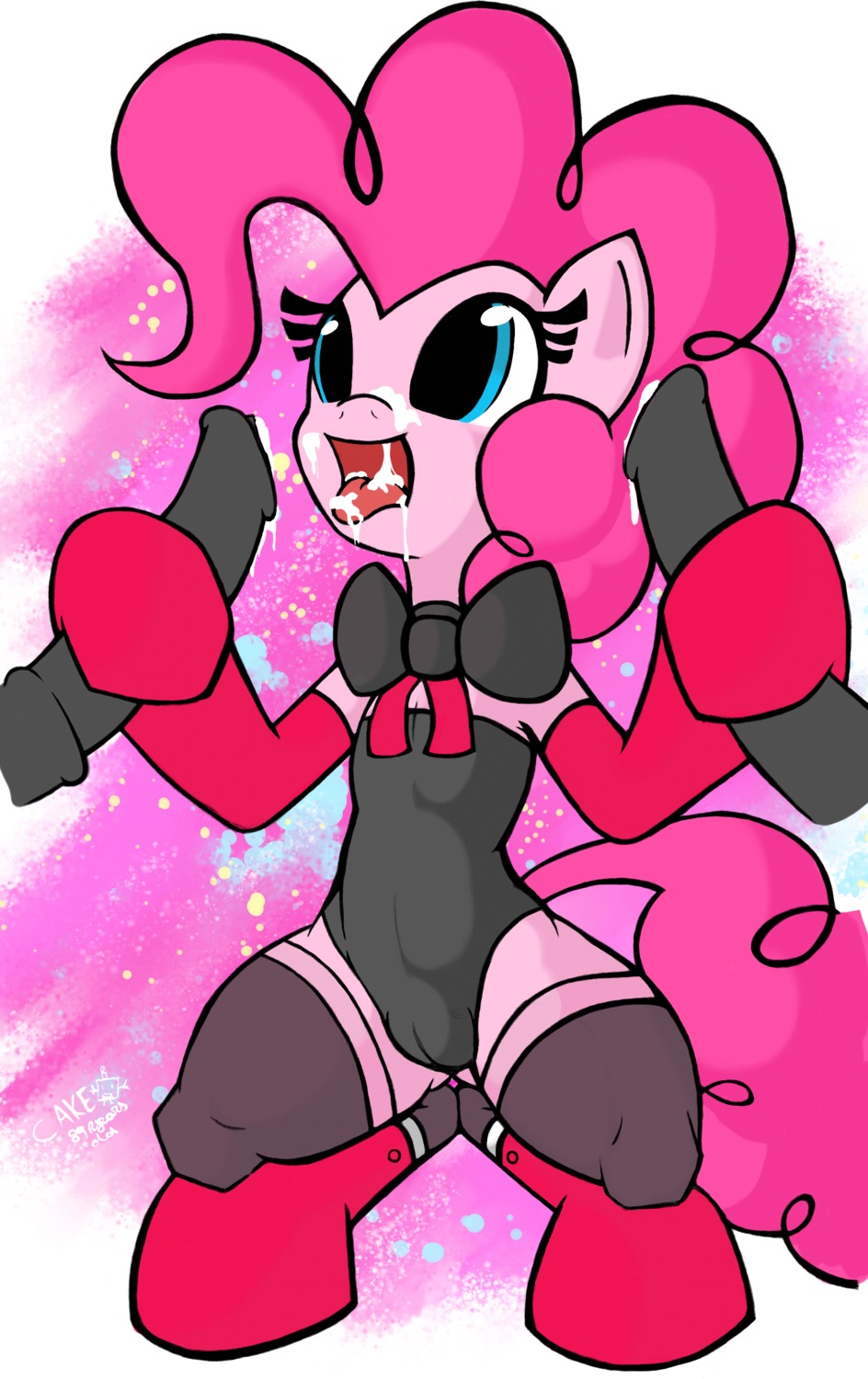 2013 absurd_res armwear blue_eyes bodily_fluids bow_(feature) bow_tie camel_toe clothing crouching cum cum_in_mouth cum_inside e621 earth_pony elbow_gloves english_text equid equine female friendship_is_magic fur genital_fluids gloves hair handwear hasbro hi_res horse legwear mammal my_little_pony open_mouth pink_body pink_fur pink_hair pinkie_pie_(mlp) pony ricocake solo stockings text tongue tongue_out